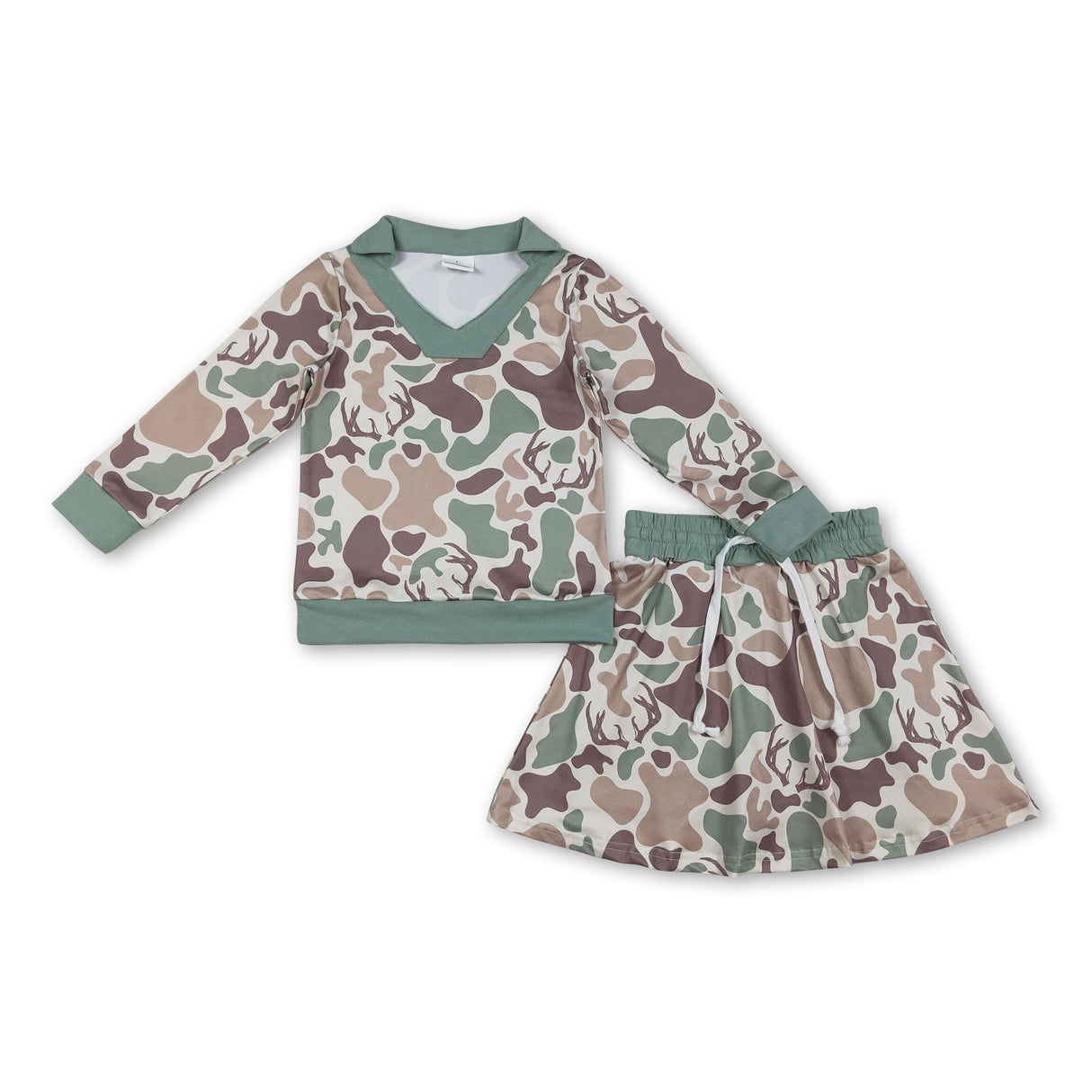Long sleeves deer camo top skirt girls clothing set