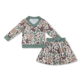 Long sleeves deer camo top skirt girls clothing set