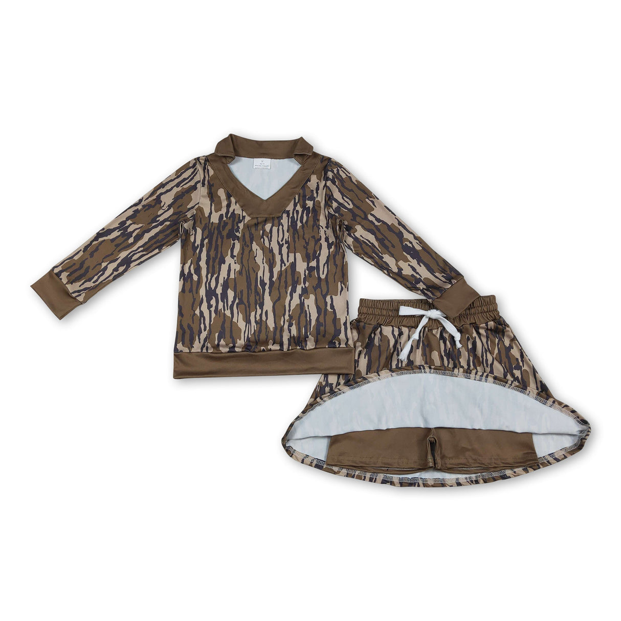 Long sleeves olive camo top skirt girls clothing set
