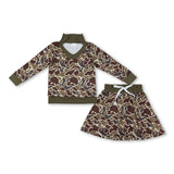 Long sleeves brown camo top skirt girls clothing set