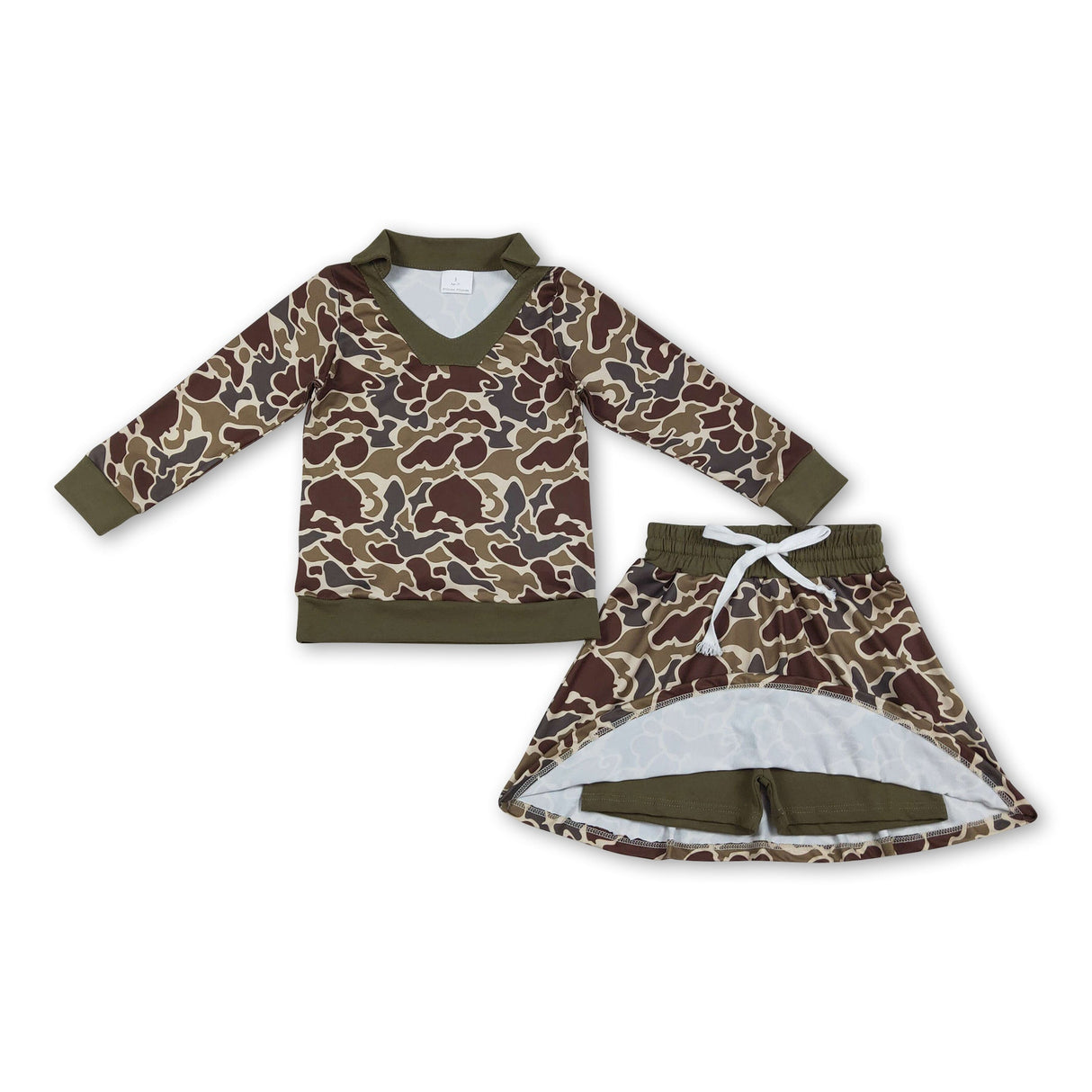 Long sleeves brown camo top skirt girls clothing set