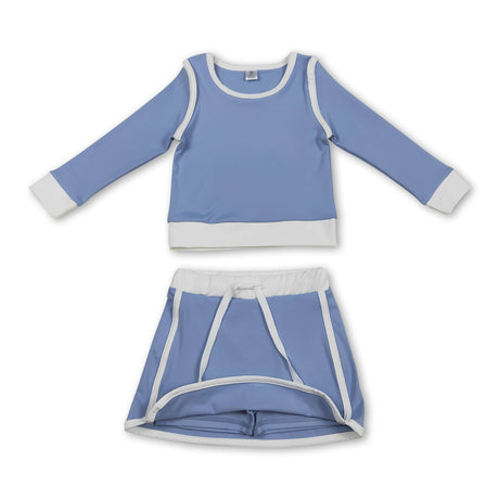Long sleeves light blue top skirt kids girls active outfits