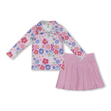 Floral pullover  pink pleated skirt girls yoga activewear set