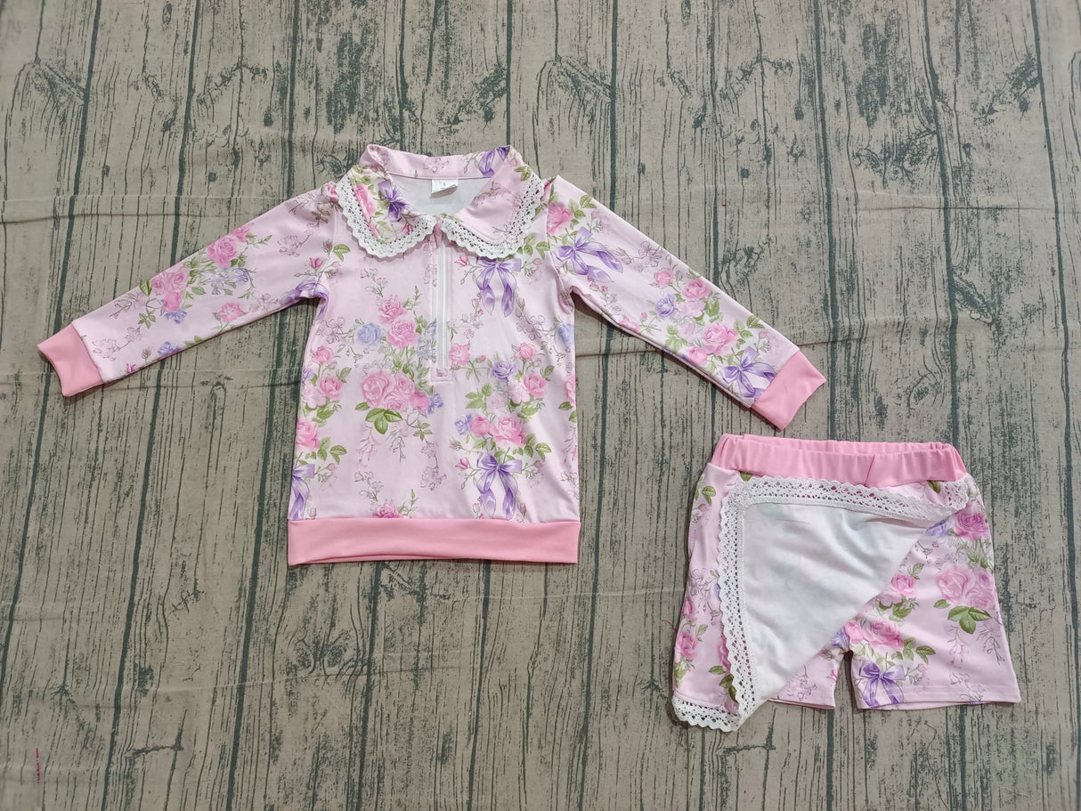 Long sleeves floral zipper pullover shorts kids girls outfits