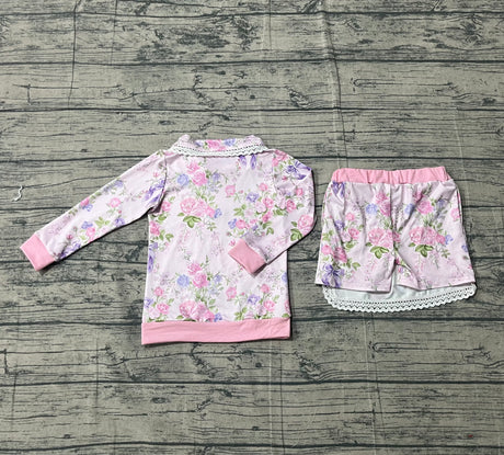 Long sleeves floral zipper pullover shorts kids girls outfits