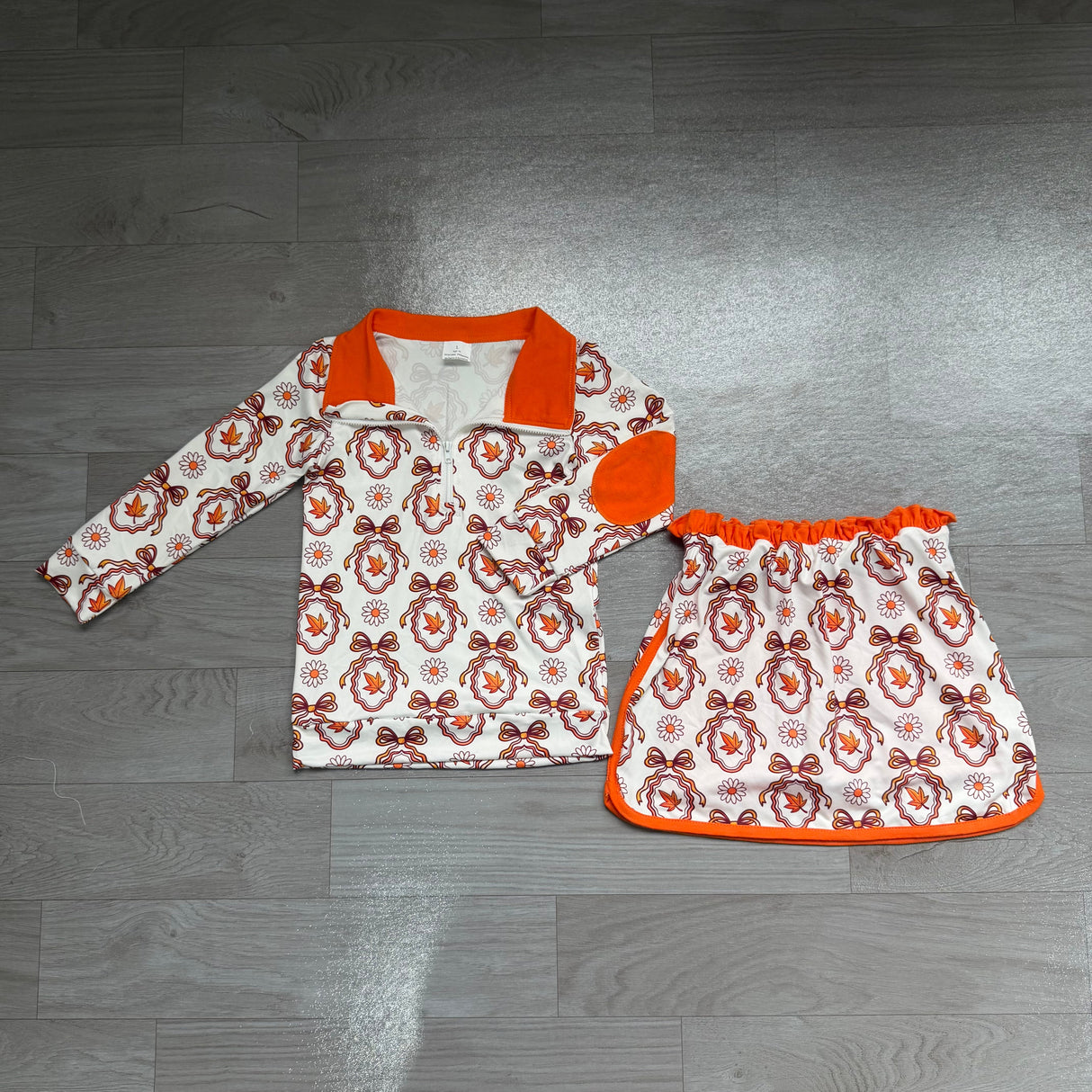 Long sleeves floral leaves bow pullover skirt girls outfits