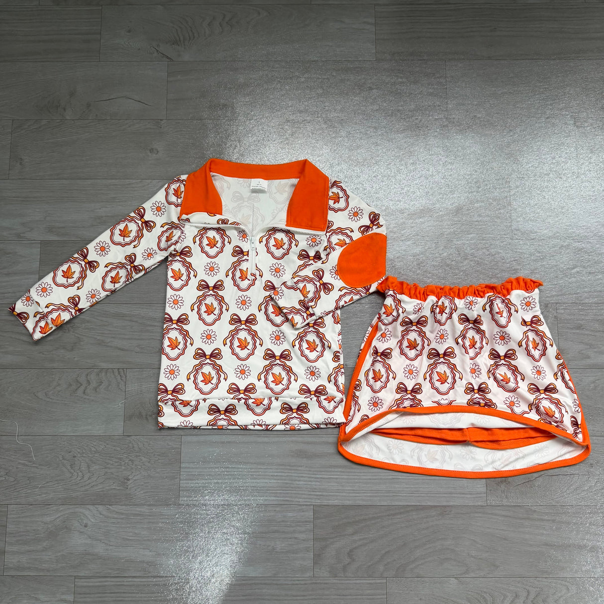 Long sleeves floral leaves bow pullover skirt girls outfits