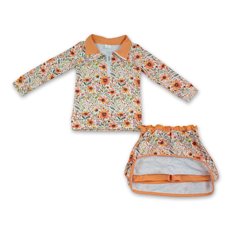 Long sleeves mustard floral pullover skirt girls outfits