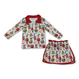 Green face gift pullover skirt girls Christmas outfit