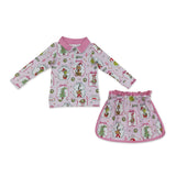 Pink bow green face pullover skirt girls Christmas outfit