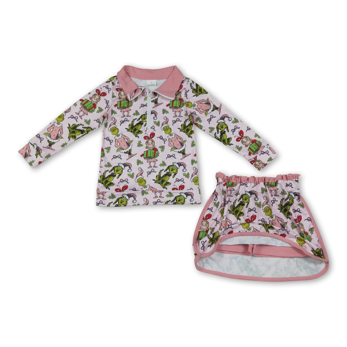 Green face gift pink pullover skirt girls Christmas outfit