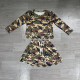 Long sleeves green camo scallop top skirt kids girls outfits