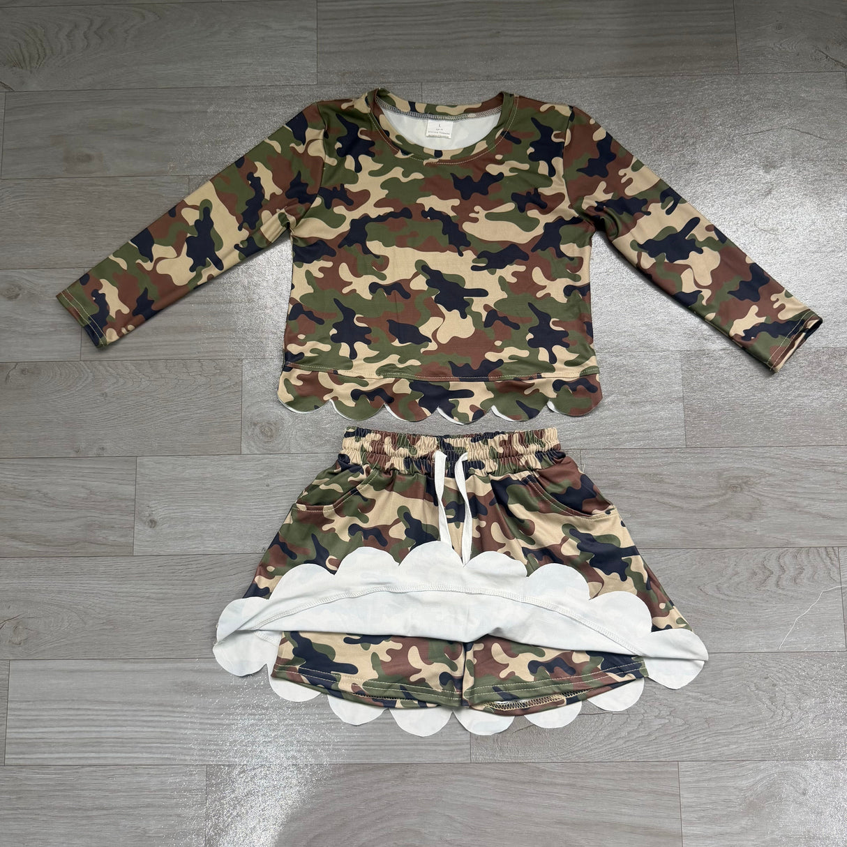 Long sleeves green camo scallop top skirt kids girls outfits