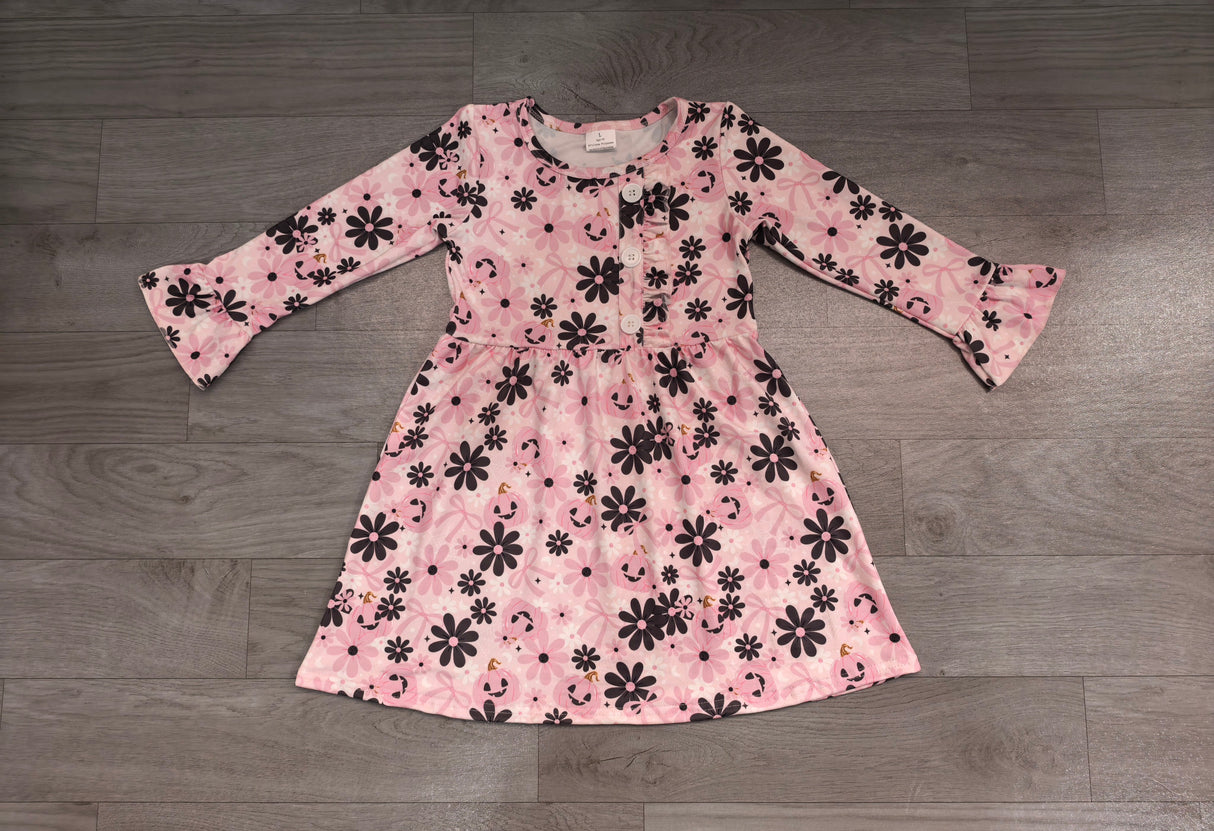 Long sleeves pink bow pumpkin floral girls Halloween dress