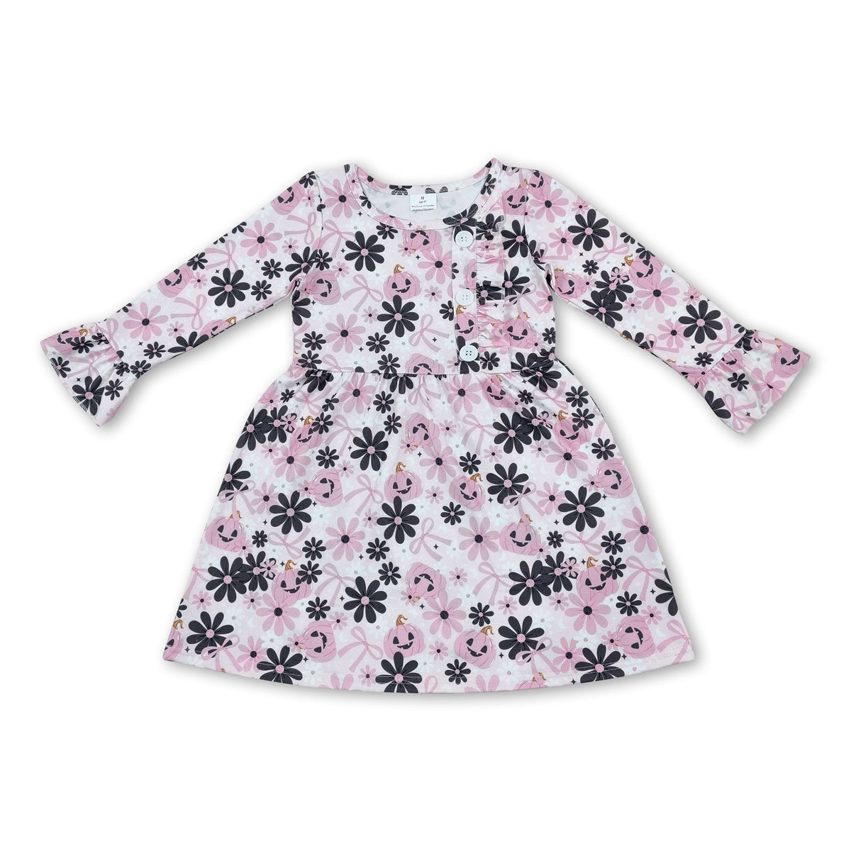 Long sleeves pink bow pumpkin floral girls Halloween dress