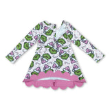 Long sleeves pink plaid scallop girls Christmas athletic dress