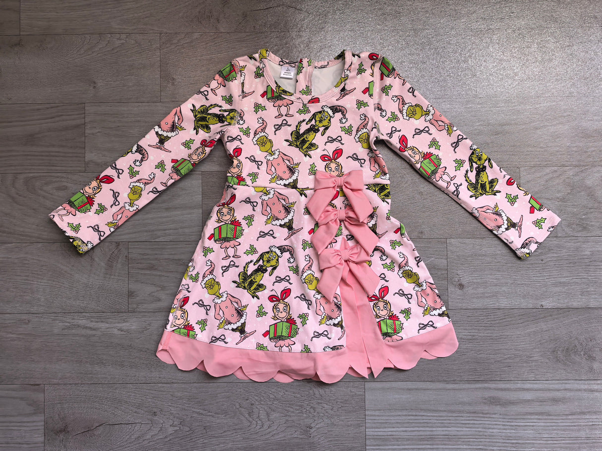 Long sleeves bow gift pink scallop girls Christmas athletic dress