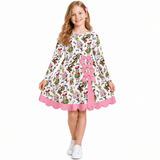 Long sleeves bow gift pink scallop girls Christmas athletic dress