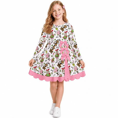 Long sleeves bow gift pink scallop girls Christmas athletic dress