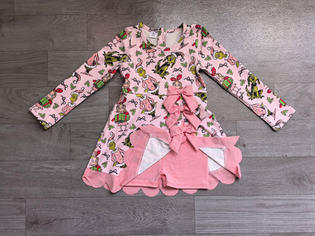 Long sleeves bow gift pink scallop girls Christmas athletic dress