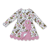 Long sleeves bow gift pink scallop girls Christmas athletic dress
