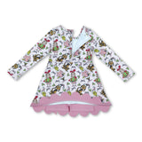 Long sleeves bow gift pink scallop girls Christmas athletic dress
