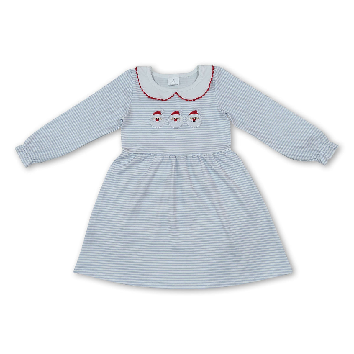 Long sleeves stripe santa embroidery girls Christmas dress