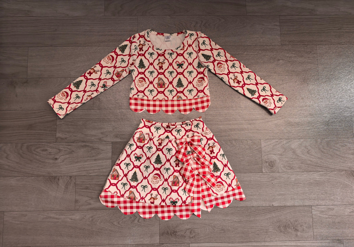 Santa deer bow scallop girls Christmas active wear set