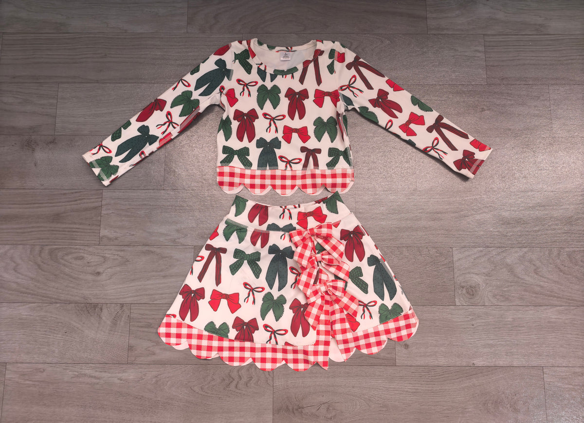 Red green bows scallop girls Christmas active wear set
