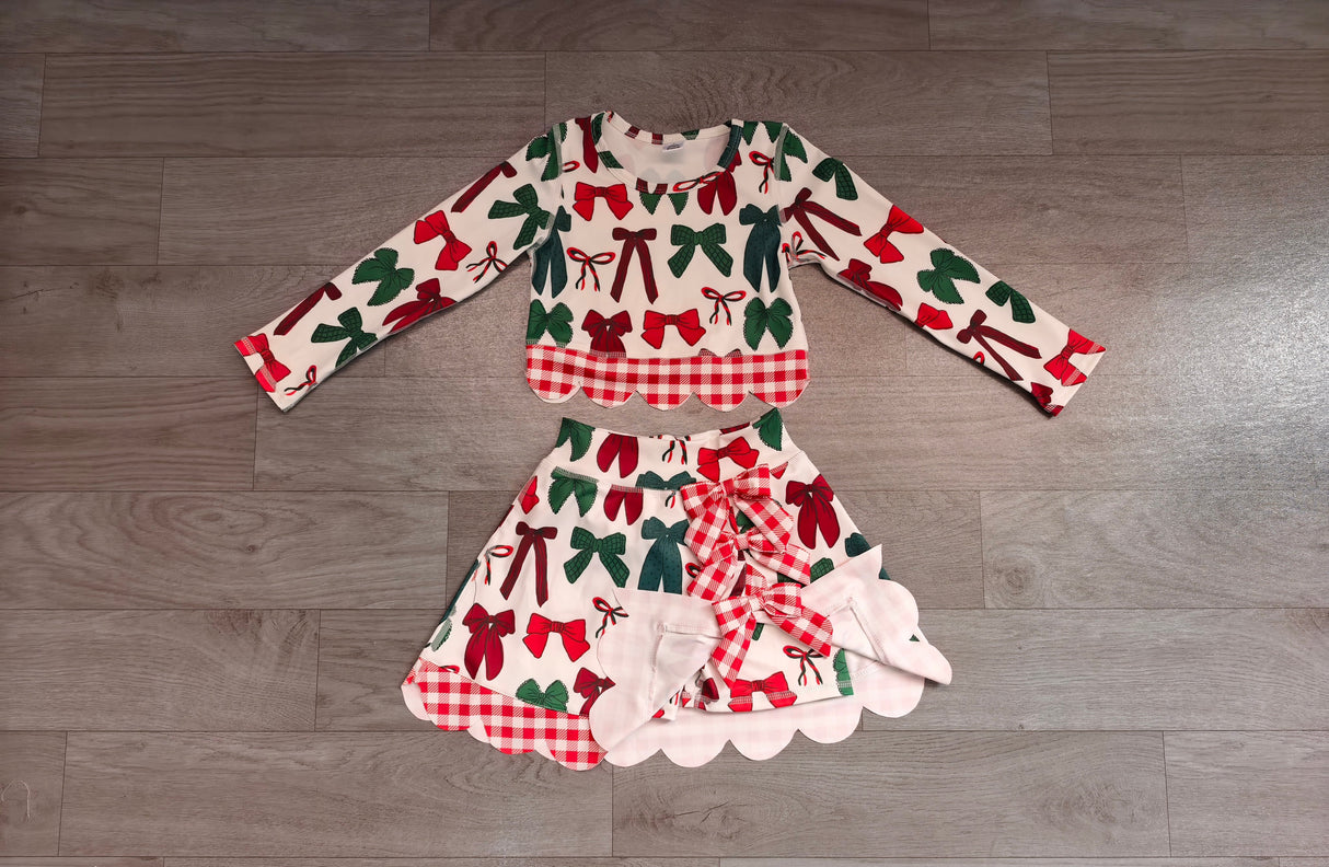 Red green bows scallop girls Christmas active wear set