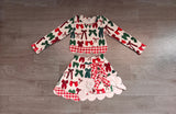 Red green bows scallop girls Christmas active wear set