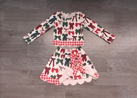 Red green bows scallop girls Christmas active wear set