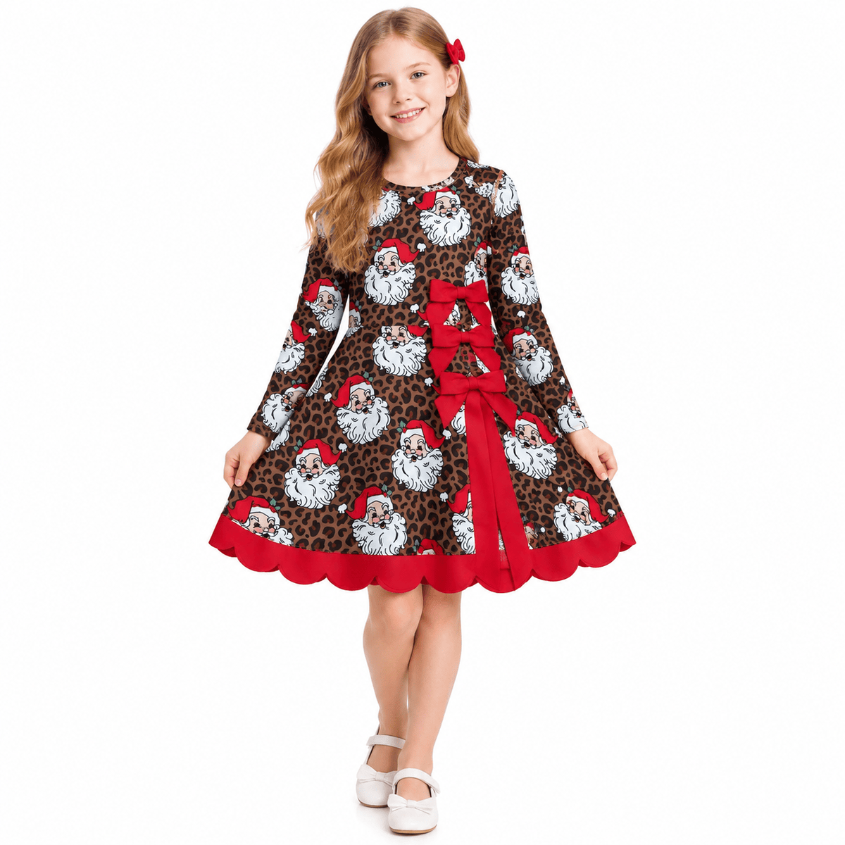 Leopard santa scallop bow girls Christmas athletic dress