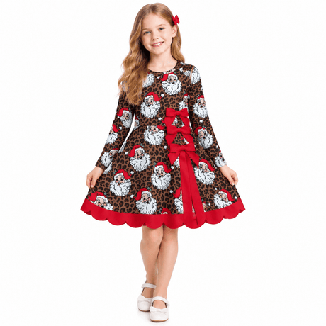 Leopard santa scallop bow girls Christmas athletic dress