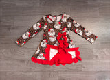 Leopard santa scallop bow girls Christmas athletic dress