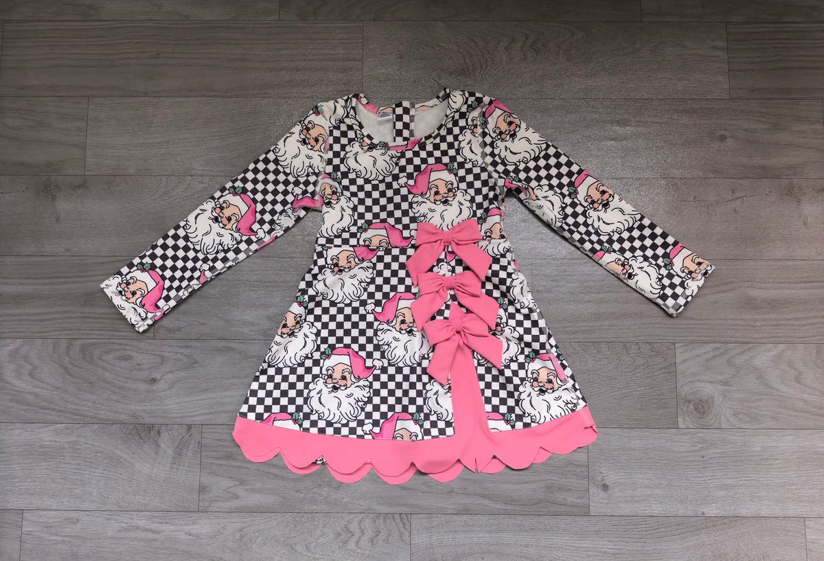 Pink santa plaid bow scallop girls Christmas athletic dress