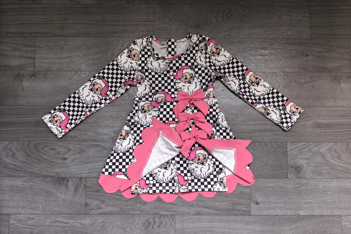 Pink santa plaid bow scallop girls Christmas athletic dress