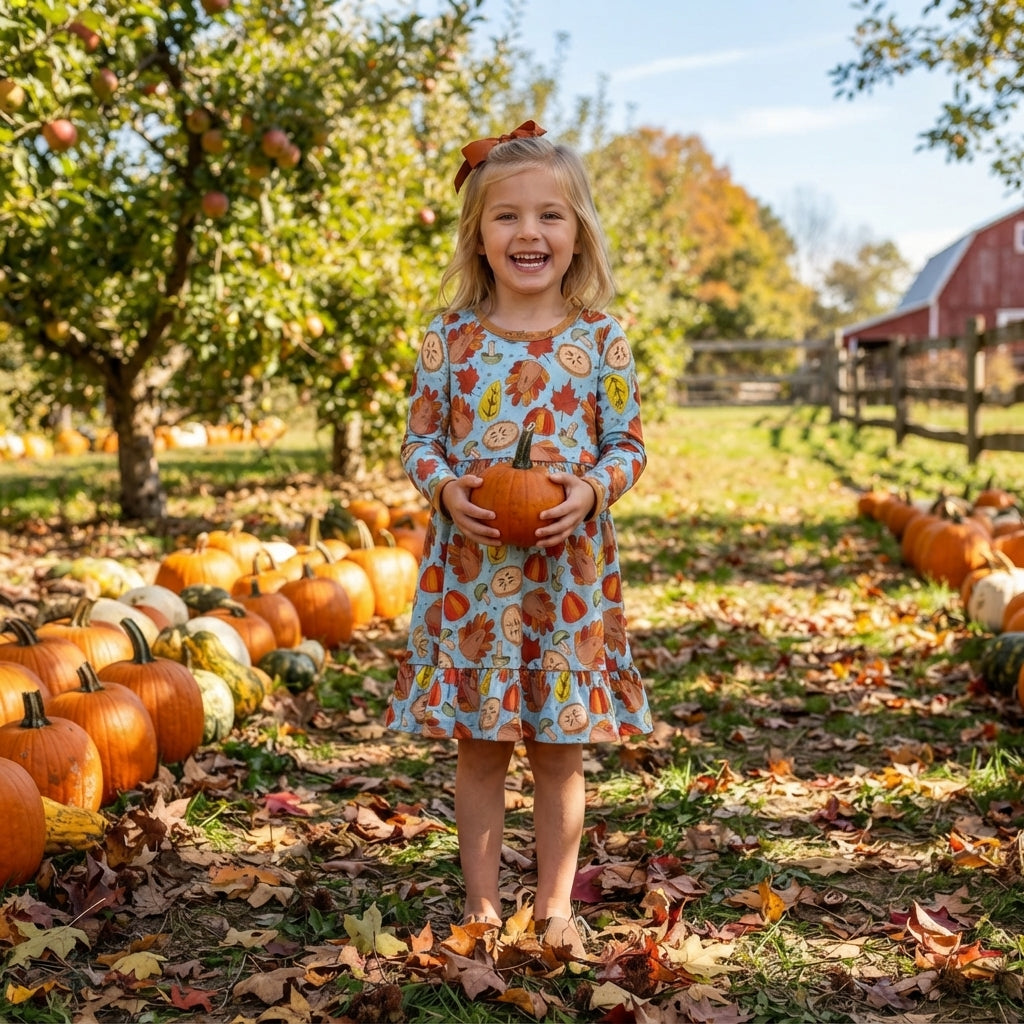Turkey leaves ruffle kids girls Thanksgiving dress