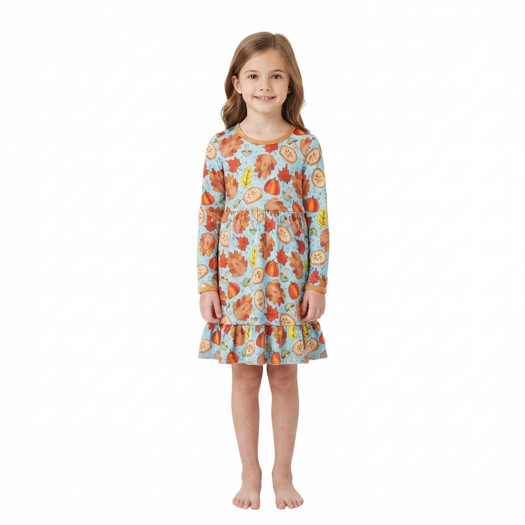Turkey leaves ruffle kids girls Thanksgiving dress