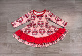 Long sleeves candy cane bow ruffle girls Christmas dress