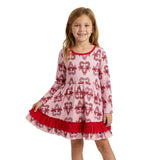 Long sleeves candy cane bow ruffle girls Christmas dress