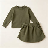 Long sleeves olive cotton top skirt kids girls outfits