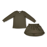 Long sleeves olive cotton top skirt kids girls outfits