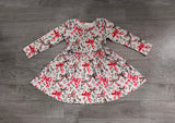 Long sleeves red green plaid bows girls Christmas dress
