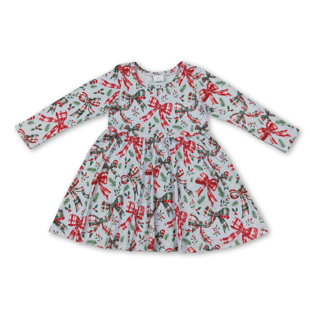 Long sleeves red green plaid bows girls Christmas dress
