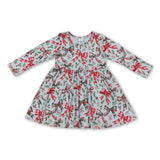 Long sleeves red green plaid bows girls Christmas dress