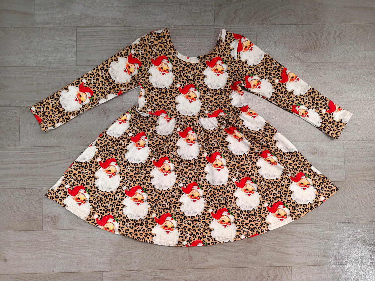 Long sleeves leopard santa kids girls Christmas dress