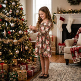Long sleeves leopard santa kids girls Christmas dress