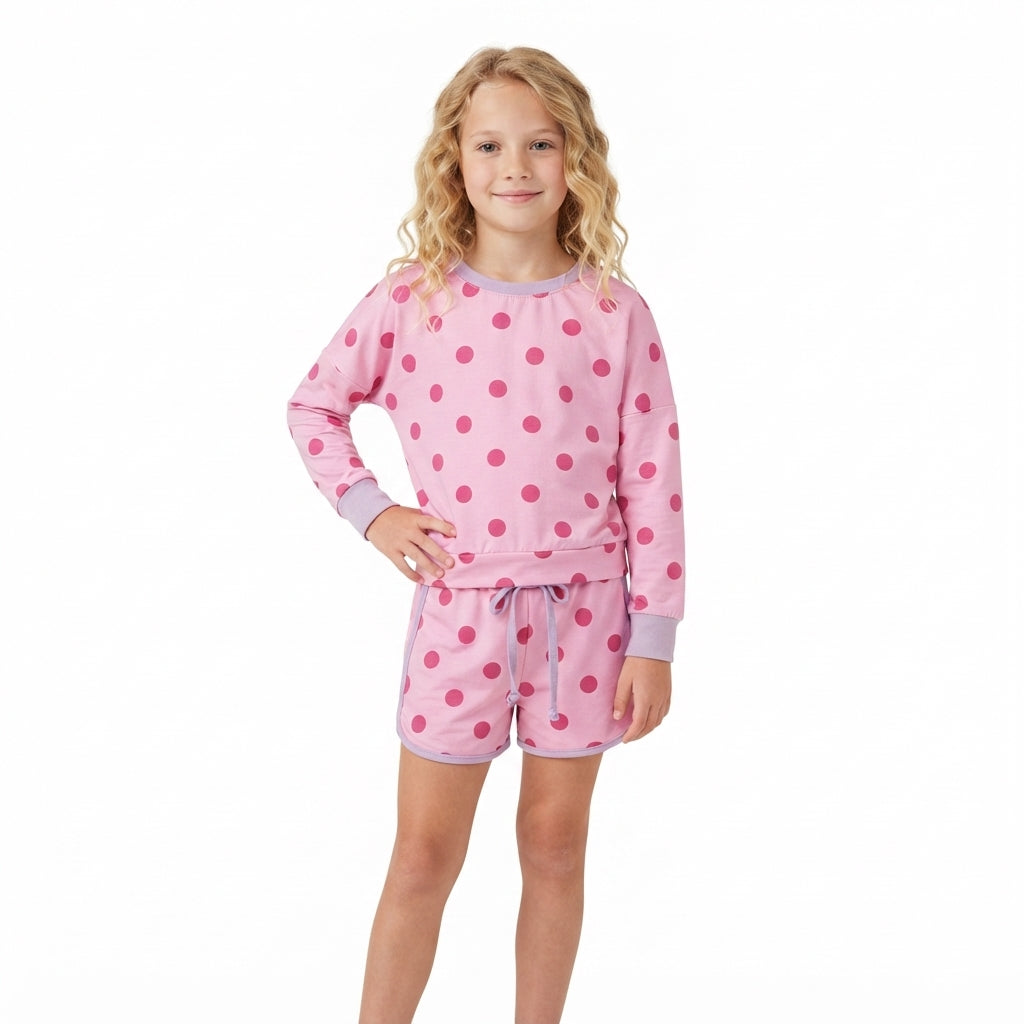 Long sleeves hot pink polka dots top skirt girls outfits