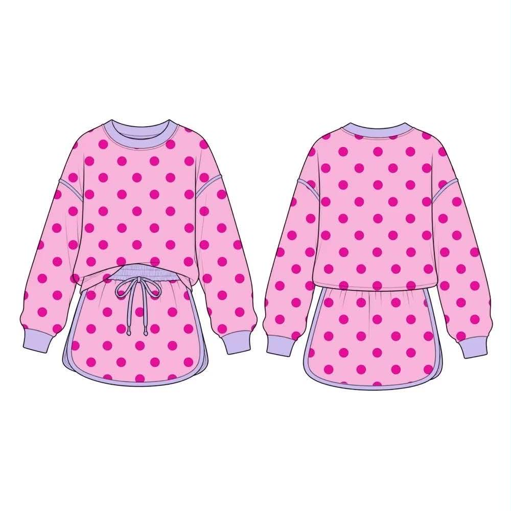 Long sleeves hot pink polka dots top skirt girls outfits
